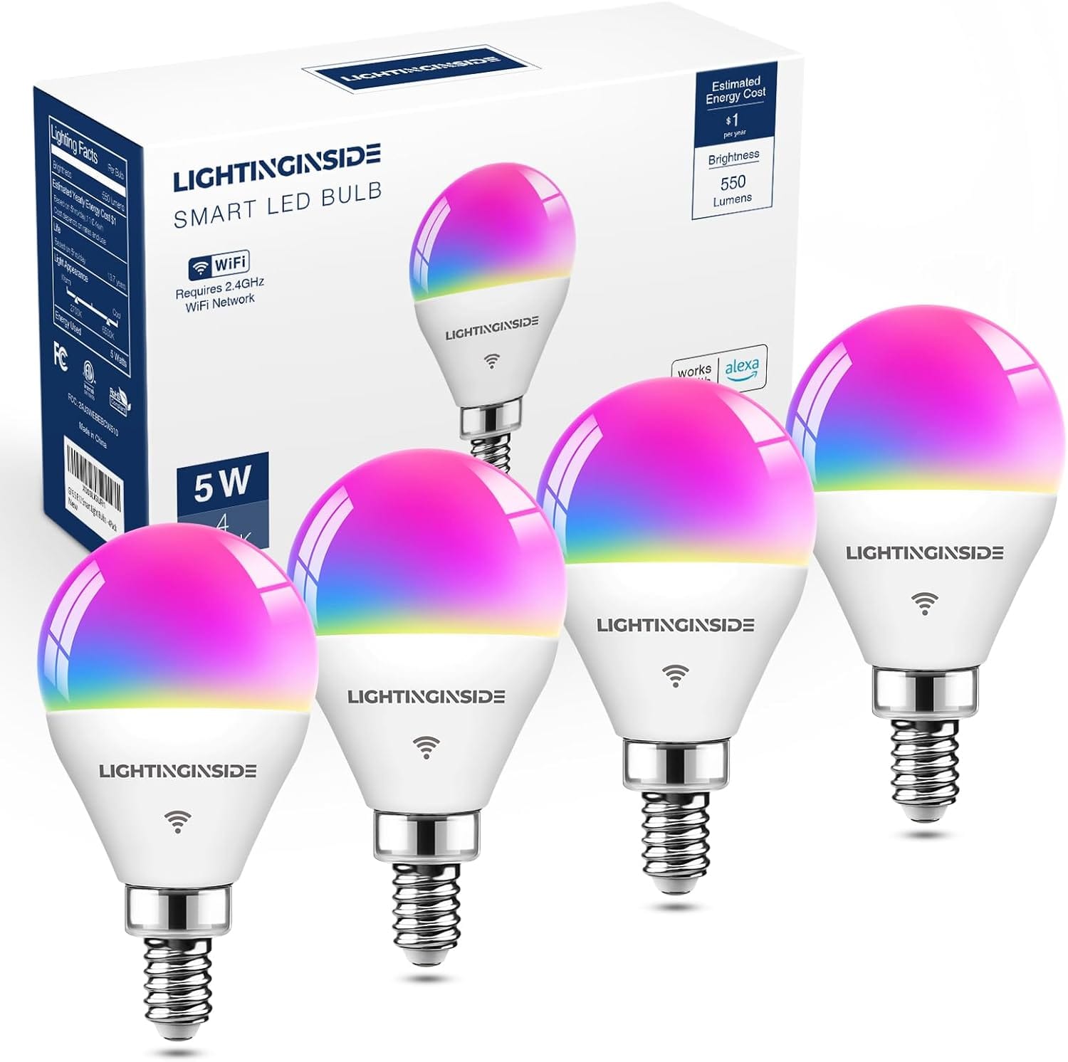 Lightinginside E12 Smart Light Bulbs 50W Equiv., G16.5 RGBCW Candelabra Chandelier Ceiling Fan Smart Bulb Works With Alexa/Google Home/Smart Life, 5W 550LM, 2.4G WiFi Bluetooth Bulb, ETL Listed, 4PCS Lightinginside E12 Smart Light Bulbs 50W Equiv., G16.5 RGBCW Candelabra Chandelier Ceiling Fan Smart Bulb Works with Alexa/Google Home/Smart Life, 5W 550LM, 2.4G WiFi Bluetooth Bulb, ETL Listed, 4PCS