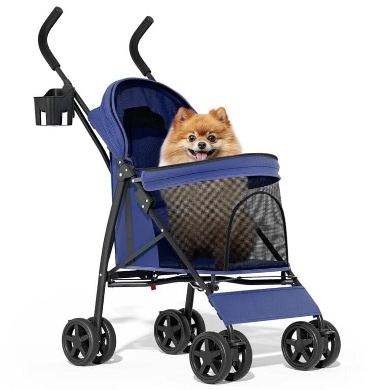 MoNiBloom 4 Wheels Pet Stroller, Easy-Fold Puppy Cage Jogger Stroller with Sun Cover, Pad and Rear Storage Bag, Breathable and Visible Mesh for Small/Medium Pets up to 22 lbs, Navy Blue