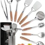 Home Hero Stainless Steel Kitchen Utensils Set - Wood Handle Nonstick Stainless Steel Cooking Utensils Set - Heat Resistant Kitchen Essentials & Metal Kitchen Gadgets (Silver & Wood)