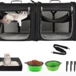 Portable 2-in-1 Pet Carrier for Medium Dogs Large Cat Carrier for 2 Cats Travel Double Dog Crate Set with Portable Carry Bag/Hammocks/Mats/Tent Stakes/2 Pcs Pet Bowls for Outdoor Camping