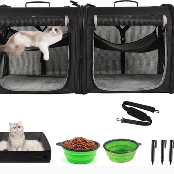 Portable 2-in-1 Pet Carrier for Medium Dogs Large Cat Carrier for 2 Cats Travel Double Dog Crate Set with Portable Carry Bag/Hammocks/Mats/Tent Stakes/2 Pcs Pet Bowls for Outdoor Camping