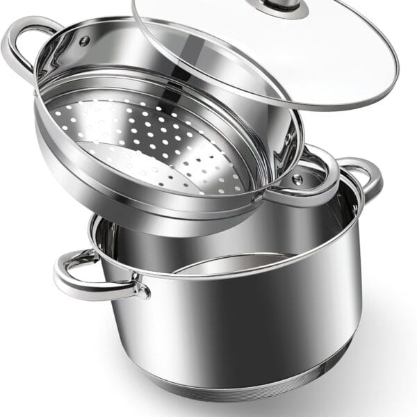 AuFranc 4 Quart 18/10 Stainless Steel Tri-ply Stockpot and Steamer with Tempered Glass Lid, Multipurpose Steamer Pot Compatible with All Cooktops, Non-Toxic Soup Pot, Oven & Dishwasher Safe (Silver)
