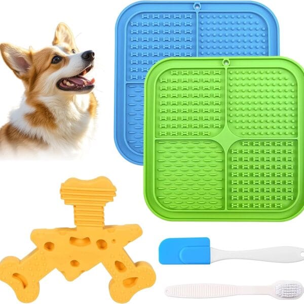 Dog Licking Mats (Silicone) & Cheese Flavored Dog Chew Toy (Nylon), Pets Dogy Pupyy Slow Feeder Kit for Butter Yogurt Peanut, Anxiety Relief Pet Supplies for Bathing Training