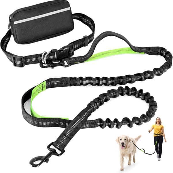 Hands Free Dog Leash with Zipper Pouch, Retractable Bungee Waist Leash with Dual Padded Handles & Waist Belt Fanny Pack for Medium & Large Dog Training Walking Running Hiking Jogging (Green)