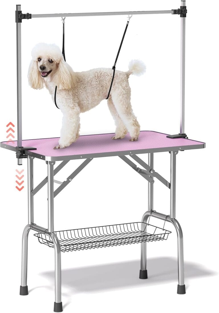 Lyromix Dog Grooming Table, Adjustable Large Pet Drying Desktop, Foldable Bathing Desk with Arms, Noose, Mesh Tray, Maximum Capacity Up to 330Lb
