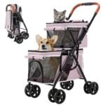 Double Pet Stroller for Dogs and Cats, One-Hand Folding Dog Stroller Travel Carriage for Small Medium Dogs Cats, 4 Wheels, Pink