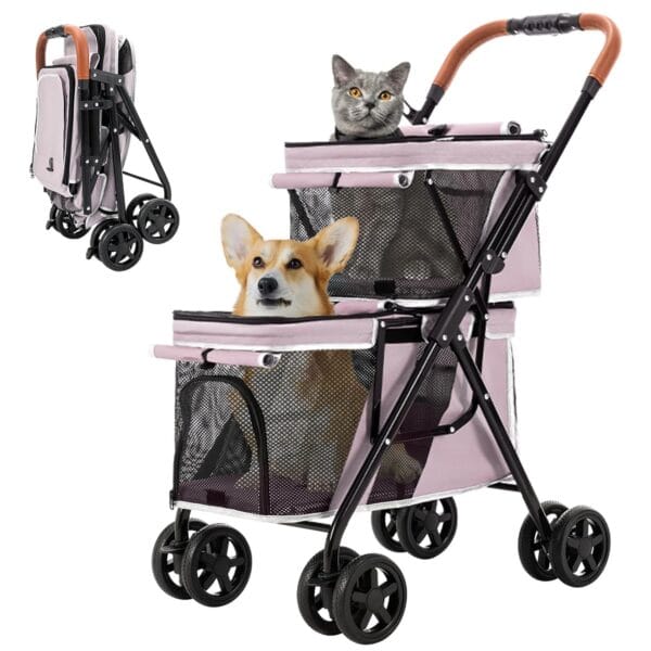Double Pet Stroller for Dogs and Cats, One-Hand Folding Dog Stroller Travel Carriage for Small Medium Dogs Cats, 4 Wheels, Pink