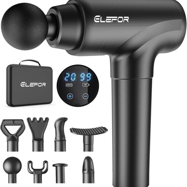 Elefor Massage Gun Deep Tissue,Percussion Back Massager Gun for Athletes Muscle Massage Gun for Pain Relief with 8 Massage Heads & 20 Speeds (Matte Black)