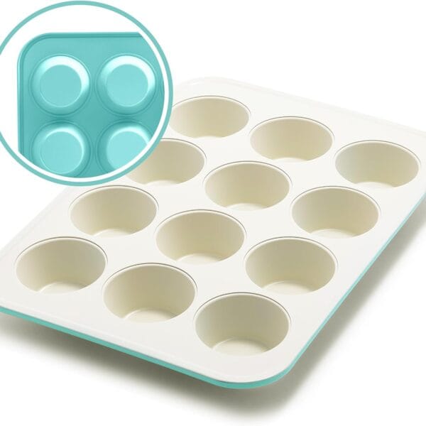 GreenLife 12-Cup Muffin Pan, Healthy Ceramic Nonstick Bakeware, PFOA & PFAS-Free Cupcake Tray, Durable Baking Pan, Versatile Kitchen Essential, Easy Clean Muffin Mold, Nonstick Baking Sheet, Turquoise