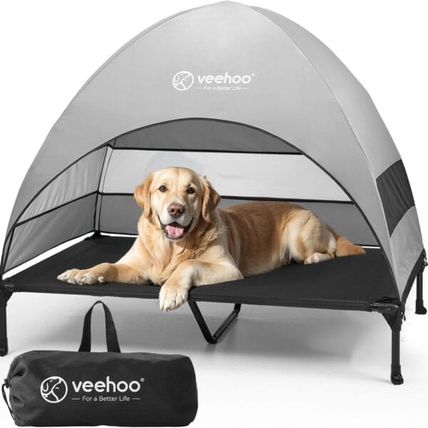 Veehoo Outdoor Dog Bed with Canopy, Cooling Elevated Pet Cot with Removable Shade, Non-Slip Feet, Raised Dog Cot for Large Dogs, Pet Tent Bed for Camping, Beach, XLarge, Black + Grey, CWC2411