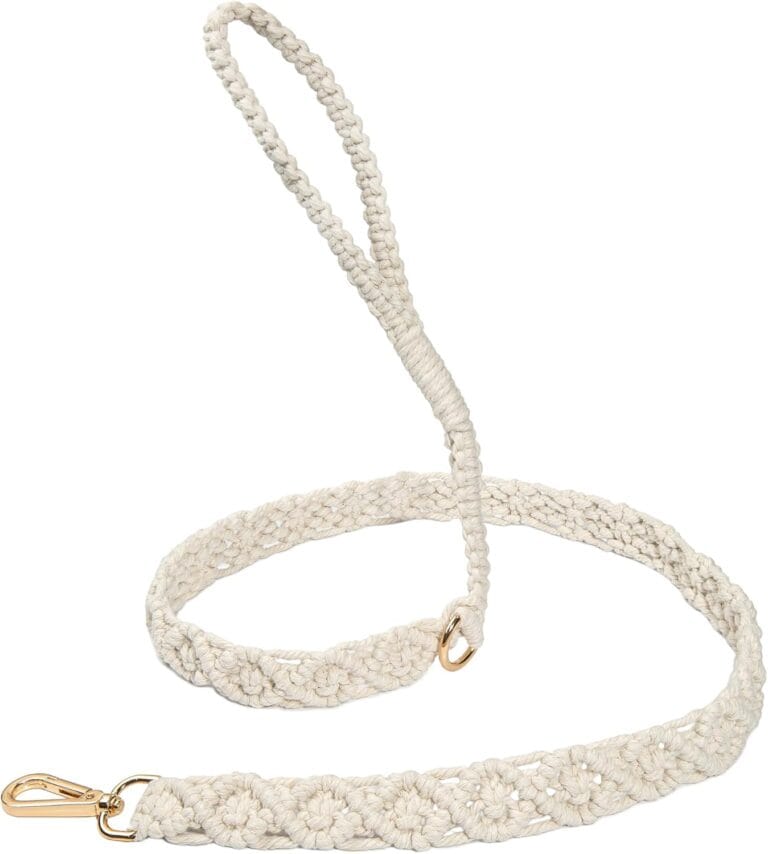 Handmade Macrame White Dog Leash, Durable with Double Metal Hook for Collar and Waste Bags, Woven with Elegant Premium Cotton Rope for Small and Medium Dogs.