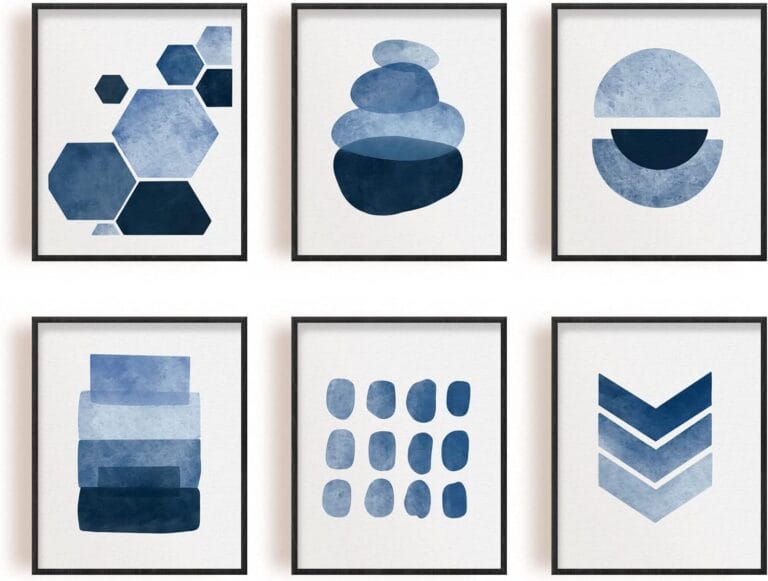 INFUNLY Abstract Blue Wall Art Prints, 8x10 Unframed Navy Watercolor Paintings Boho Minimalist Canvas Pictures Prints for Living Room Bedroom Home Room Decoration Set of 6