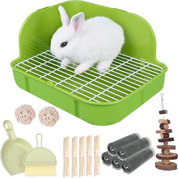 RUBYHOME Rabbit Litter Box Toilet, Plastic Square Cage Box Potty Trainer Corner Litter Bedding Box Pet Pan for Small Animals, Rabbits, Guinea Pigs, Chinchilla, Ferret, Galesaur, 11.4 Inches (Green)