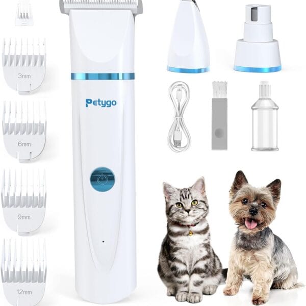 3-in-1 Dog & Cat Grooming Kit - Rechargeable Cordless Pet Hair Clippers with Nail Grinder & Paw Trimmer & 5 Guide Combs, Low Noise Dog Clippers for Grooming Small Medium Pets