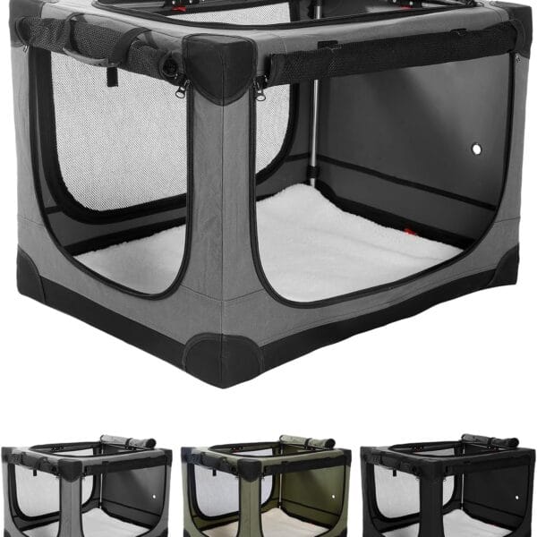 36 Inch Collapsible Travel Dog Crate for Medium Large Dogs, Portable Dog Crate 4-Door Foldable Soft Kennel with Durable Mesh Windows for Indoor & Outdoor Travel, with Storage Bag,Grey