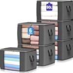 90 L Large Storage Bags, 6 Pack Clothes Storage Bins Foldable Closet Organizers Storage Containers with Reinforced Handle for Clothing, Blanket, Comforters, Bed Sheets, Pillows and Toys (Gray)