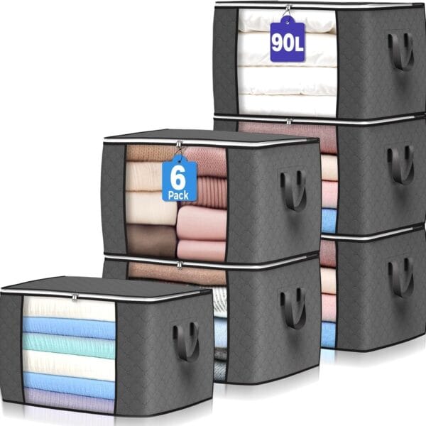 90 L Large Storage Bags, 6 Pack Clothes Storage Bins Foldable Closet Organizers Storage Containers with Reinforced Handle for Clothing, Blanket, Comforters, Bed Sheets, Pillows and Toys (Gray)
