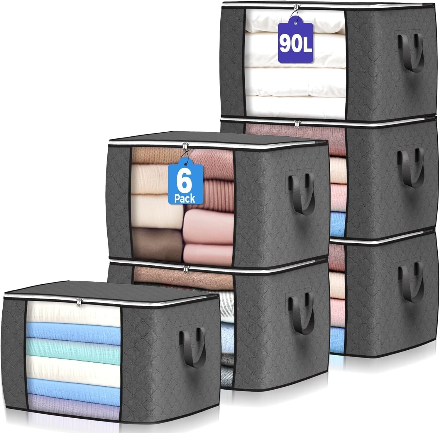 90 L Large Storage Bags, 6 Pack Clothes Storage Bins Foldable Closet Organizers Storage Containers With Reinforced Handle For Clothing, Blanket, Comforters, Bed Sheets, Pillows And Toys (Gray) 90 L Large Storage Bags, 6 Pack Clothes Storage Bins Foldable Closet Organizers Storage Containers with Reinforced Handle for Clothing, Blanket, Comforters, Bed Sheets, Pillows and Toys (Gray)