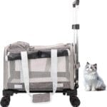 Pet Carrier with Wheels - Soft-Side Wheeled Cat Carrier for Dogs with Telescopic Handle, Collapsible Rolling Pet Travel Bag Carrier for Large Cats Small Medium Dogs for Camping Vet Visiting Grey