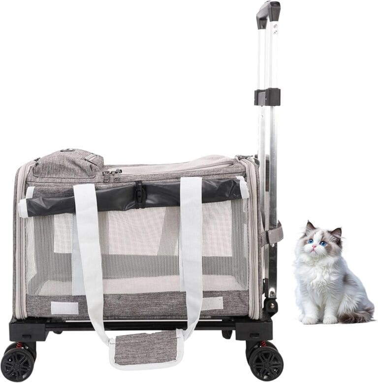 Pet Carrier with Wheels - Soft-Side Wheeled Cat Carrier for Dogs with Telescopic Handle, Collapsible Rolling Pet Travel Bag Carrier for Large Cats Small Medium Dogs for Camping Vet Visiting Grey