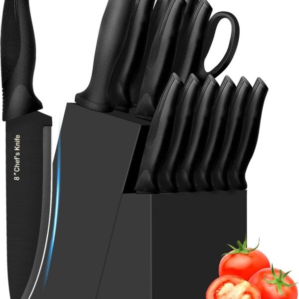 XANAPON Knife Set, 14 Pieces Kitchen Knife Set, High Carbon German Stainless Steel, Dishwasher Safe Cutlery with Sharpener, Black