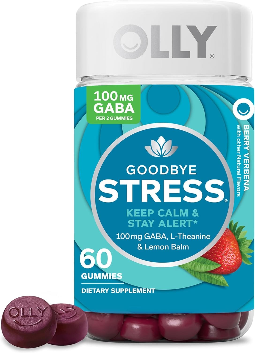 OLLY Goodbye Stress Gummy, GABA, L-Theanine, Lemon Balm, Stress Relief Supplement, Berry - 60 Count OLLY Goodbye Stress Gummy, GABA, L-Theanine, Lemon Balm, Stress Relief Supplement, Berry - 60 Count