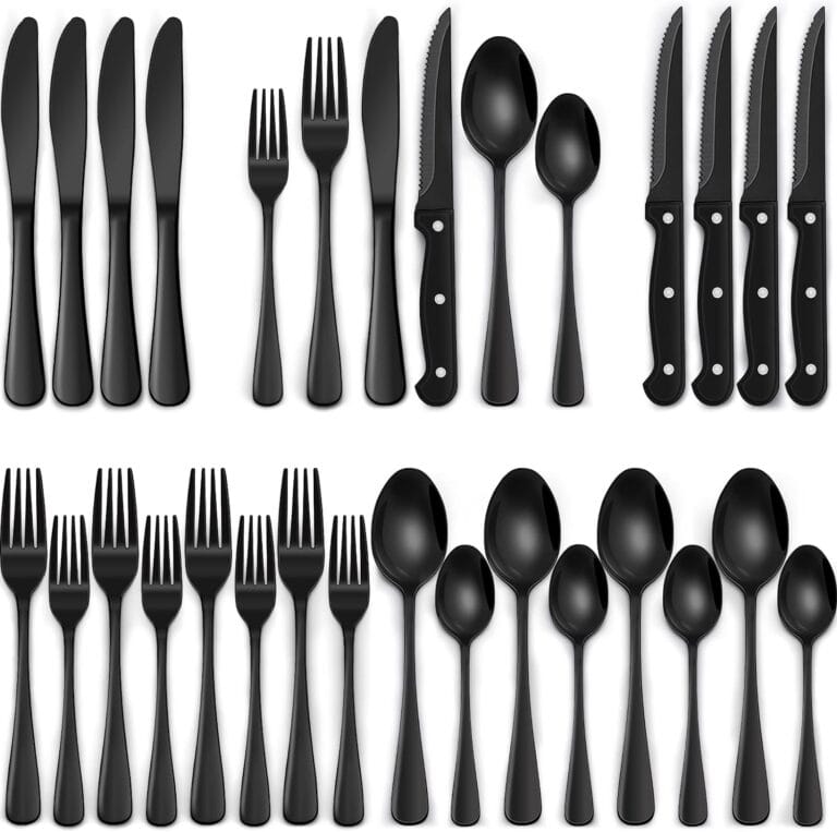 EWFEN 24-Piece Black Silverware Set with Steak Knives, Flatware for 4, Food-Grade Stainless Steel Tableware Cutlery Set, Mirror Finished Utensil Sets Home Restaurant