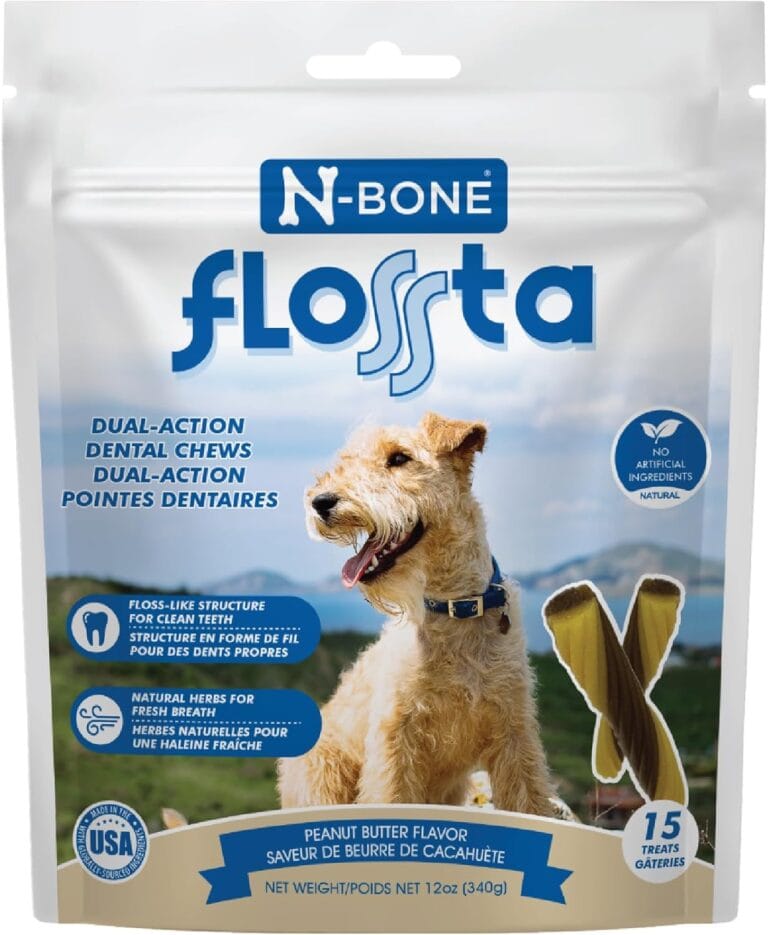 N-Bone Flossta Dual Action Dental Chews for Dogs, Unique Twist Shape for Deep Teeth Cleaning and Proactive Dental Care, Peanut Butter Flavor, 15 Count 12-oz Bag