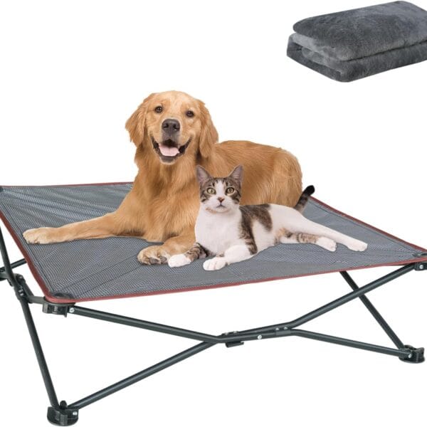 unp Foldable Dog Bed Pop up - 36 x 36 x 10 inch Elevated Pet Cot Outdoor Breathable - Removable Plush Pad & Carrying Bag Raised Dog Camping Bed (Grey, L PRO)