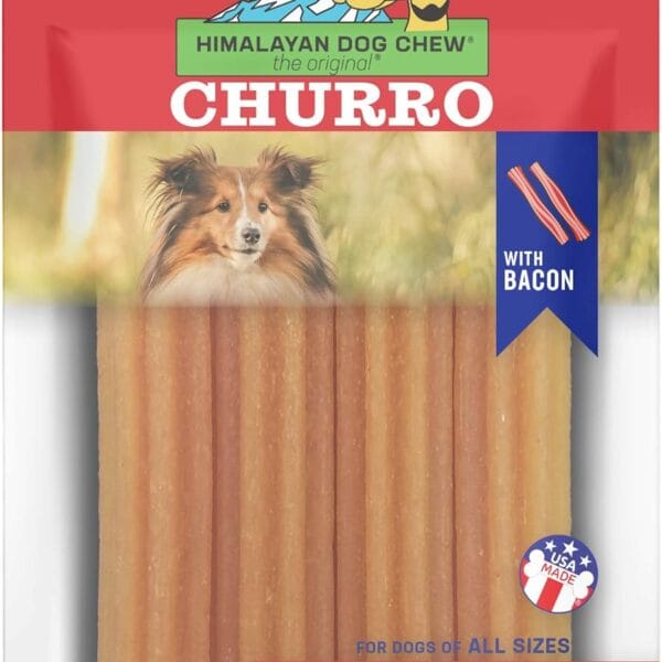 Himalayan Dog Chew Churro Yak Cheese Dog Chews, 100% Natural, Long Lasting, Gluten Free, Healthy & Safe Dog Treats, Lactose & Grain Free, Protein Rich, For All Breeds, Soft, Real Bacon Flavor, 4 Pack