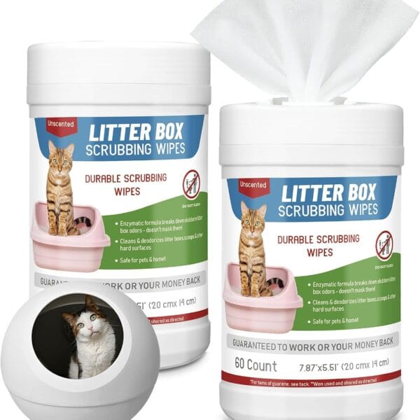 Breling 2 Pack Litter Box Scrubbing Wipes 120 Count Pets Cat Litter Box Cleaning Wipes Unscented Removes Stains Easily for Pet Cleaning Supplies