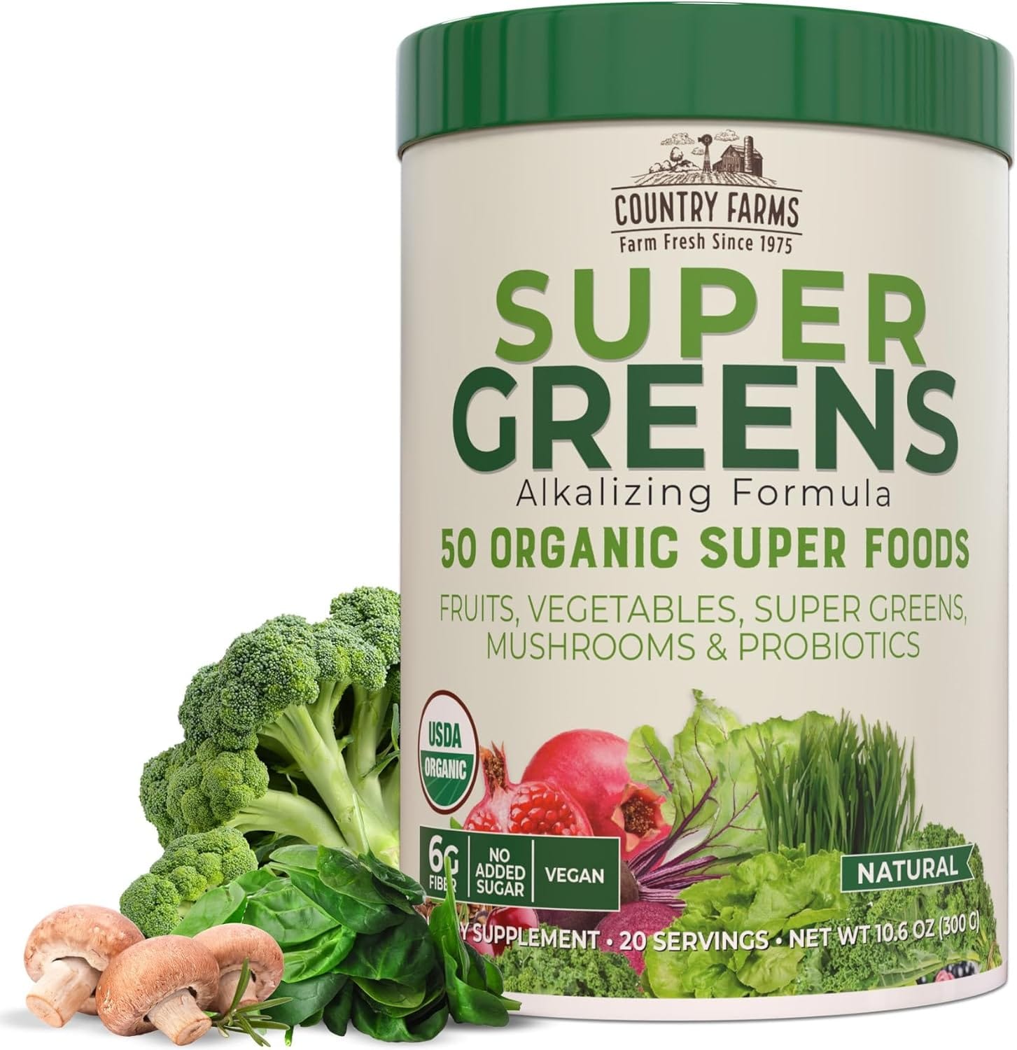 COUNTRY FARMS Super Greens Natural Flavor, 50 Organic Super Foods, USDA Organic Drink Mix, Fruits, Vegetables, Super Greens, Mushrooms & Probiotics, Supports Energy, 20 Servings, 10.6 Oz COUNTRY FARMS Super Greens Natural Flavor, 50 Organic Super Foods, USDA Organic Drink Mix, Fruits, Vegetables, Super Greens, Mushrooms & Probiotics, Supports Energy, 20 Servings, 10.6 Oz