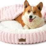 Dog Bed with Hooded Blanket, Round Fluffy Anti-Anxiety Pet Bed for Medium Dogs & Large Dogs, Cozy Donut Cuddler with Machine Washable Faux Fur & Anti-Slip Bottom(35"35"7",Pink)