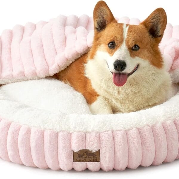 Dog Bed with Hooded Blanket, Round Fluffy Anti-Anxiety Pet Bed for Medium Dogs & Large Dogs, Cozy Donut Cuddler with Machine Washable Faux Fur & Anti-Slip Bottom(35"35"7",Pink)