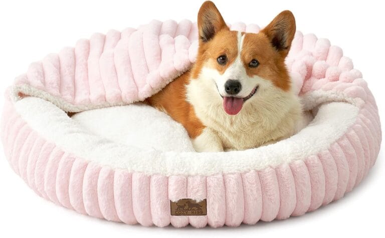 Dog Bed with Hooded Blanket, Round Fluffy Anti-Anxiety Pet Bed for Medium Dogs & Large Dogs, Cozy Donut Cuddler with Machine Washable Faux Fur & Anti-Slip Bottom(35"35"7",Pink)