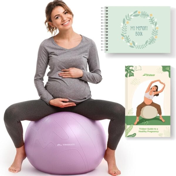 Trideer Pregnancy Birthing Ball - 1.7mm Extra Thick Yoga Ball for Maternity, Labor, Exercise, Physio, Recovery - Guide & Baby Memory Book Included - 440LB Anti-Burst & Non-Slip Stability
