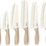 CAROTE 12PCS Knife set with Blade Guards,Granite Nonstick Ceramic Coating,Stainless Steel blade, Wood Grain Handle, Essential knife set,White