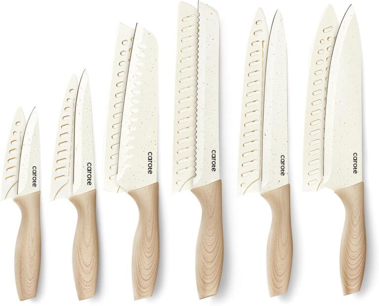 CAROTE 12PCS Knife set with Blade Guards,Granite Nonstick Ceramic Coating,Stainless Steel blade, Wood Grain Handle, Essential knife set,White