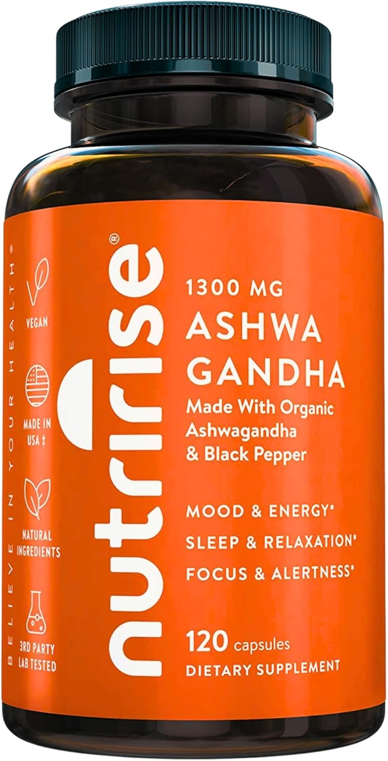 NutriRise Organic Ashwagandha Root Capsules with Black Pepper, 1300mg, Natural Stress & Mood, Thyroid, and Immune Support Supplement, Clarity, Focus & Energy, Gluten Free, 120 Count