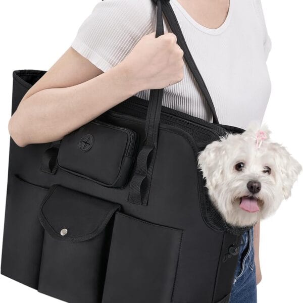 SlowTon Dog Purse Carrier - Portable Dog Carrier with Pockets & Safety Leash for Small Dogs Under 12 lbs, Breathable Pet Tote Bag for Cat Rabbit Outing, Travel, Vet (Black)