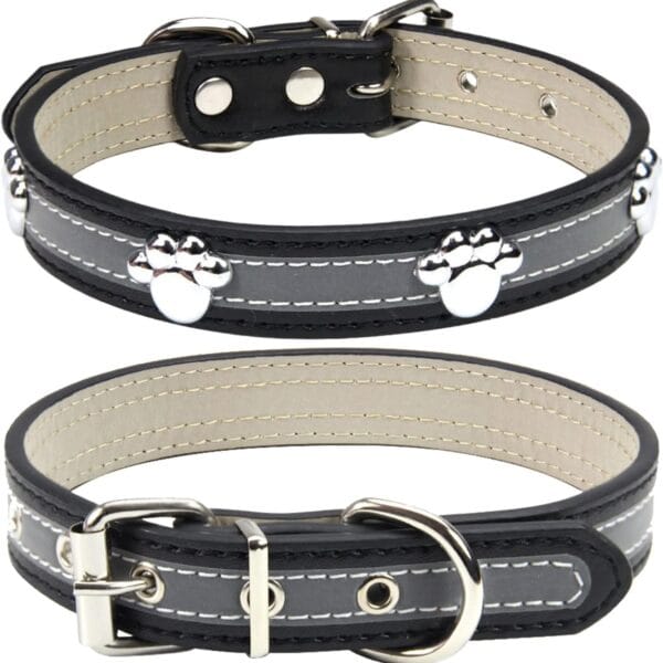 PETCARE Reflective Dog Collar with Cute Paw Rivet Studded Funny Soft PU Leather Adjustable Puppy Dog Collars for Small Medium Large Dogs Cats (Black,Small)