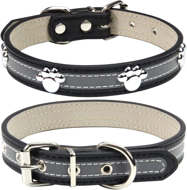 PETCARE Reflective Dog Collar with Cute Paw Rivet Studded Funny Soft PU Leather Adjustable Puppy Dog Collars for Small Medium Large Dogs Cats (Black,Small)