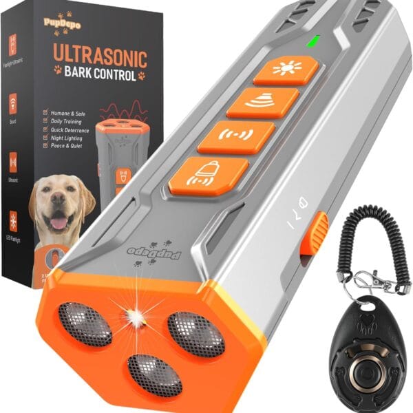 Dog Bark Deterrent Device with Dog Training Clicker  Ultrasonic Anti Barking Device for Dogs, Portable Dog Bark Stopper for Training & Behavior Control, Safe for Own or Neighbors Dog