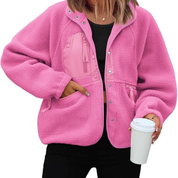 ReachMe Womens Sherpa Jacket Casual Lapel Button Down Cropped Fuzzy Fleece Jackets Long Sleeve Winter Coats with Pockets