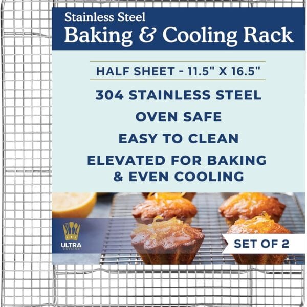Ultra Cuisine Oven-Safe, Dishwasher-Safe 100% Stainless Steel Cooling and Baking Rack Set Heavy Duty Tight-Wire - 11.5 x 16.5-inch - Set of 2 - Half Sheet Pan Cooling Racks