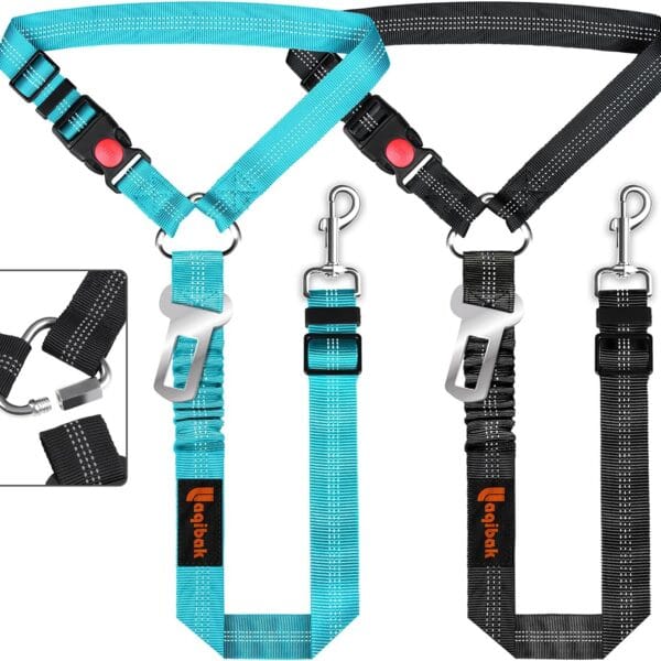 Removable Dog Seat Belt Harness for Car, 3 in 1 Pet Dog Car Seatbelt Leash, Retractable Restraint Secures to Vehicle Headrest & Adjustable Reflective Bungee Dog Seatbelt Tether, Blue and Black