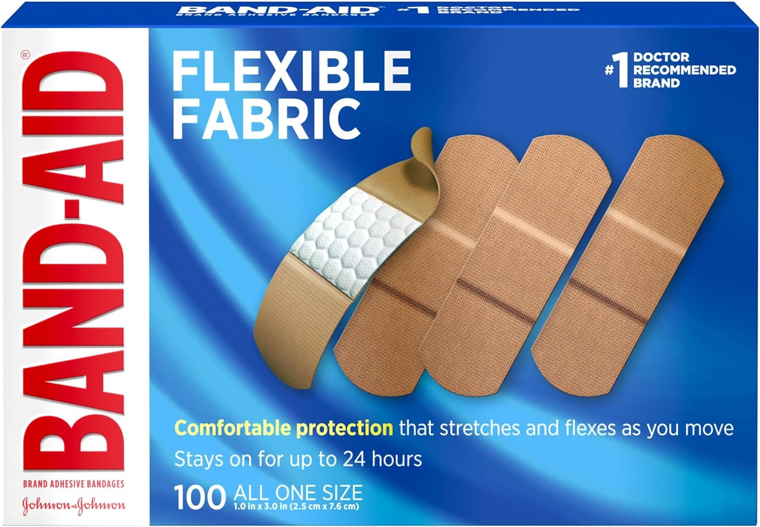 Band Aid Brand Flexible Fabric Sterile Adhesive Bandages, Comfortable Cushioned Wound Care & Protection For Minor Cuts, Scrapes & Burns, First Aid, Hurt Free Comfort Pad, One Size 1x3 In, 100 Count Band-Aid Brand Flexible Fabric Sterile Adhesive Bandages, Comfortable Cushioned Wound Care & Protection for Minor Cuts, Scrapes & Burns, First Aid, Hurt-Free Comfort Pad, One Size 1x3 In, 100 Count