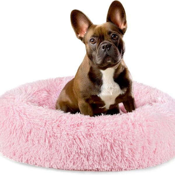 PetAmi Calming Dog Bed for Small Medium Dog Cat, Round Donut Dog Bed Washable, Fluffy Faux Fur Plush Cuddler Pet Kitten Cushion Bed, Anti-Slip, Fits up to 25 lbs, 23 inch, Pink
