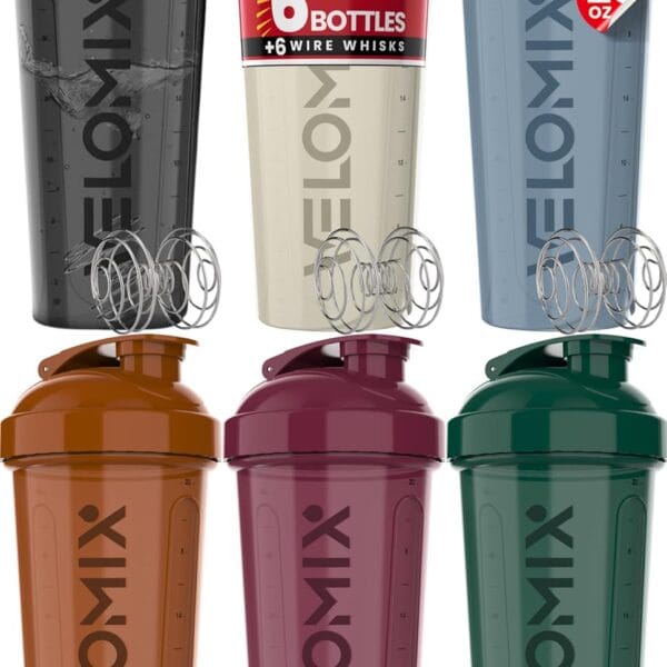 VELOMIX -6 PACK- 28 oz Protein Shaker Bottle for Protein Mixes - 6x Wire Whisk | Leak Proof Shaker Cups for Protein Shakes | Protein Shaker Bottle Pack | Protein Shake Cup (Earth Tones Collection)
