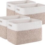 4 Pack Storage Baskets for Organizing, Woven Baskets for Shelves - Perfect for Toys, Books, Towels, and Clothes, Durable Gift Basket Bins Toy Storage, 12.7''Lx9''Wx7.8''H, Brown & White